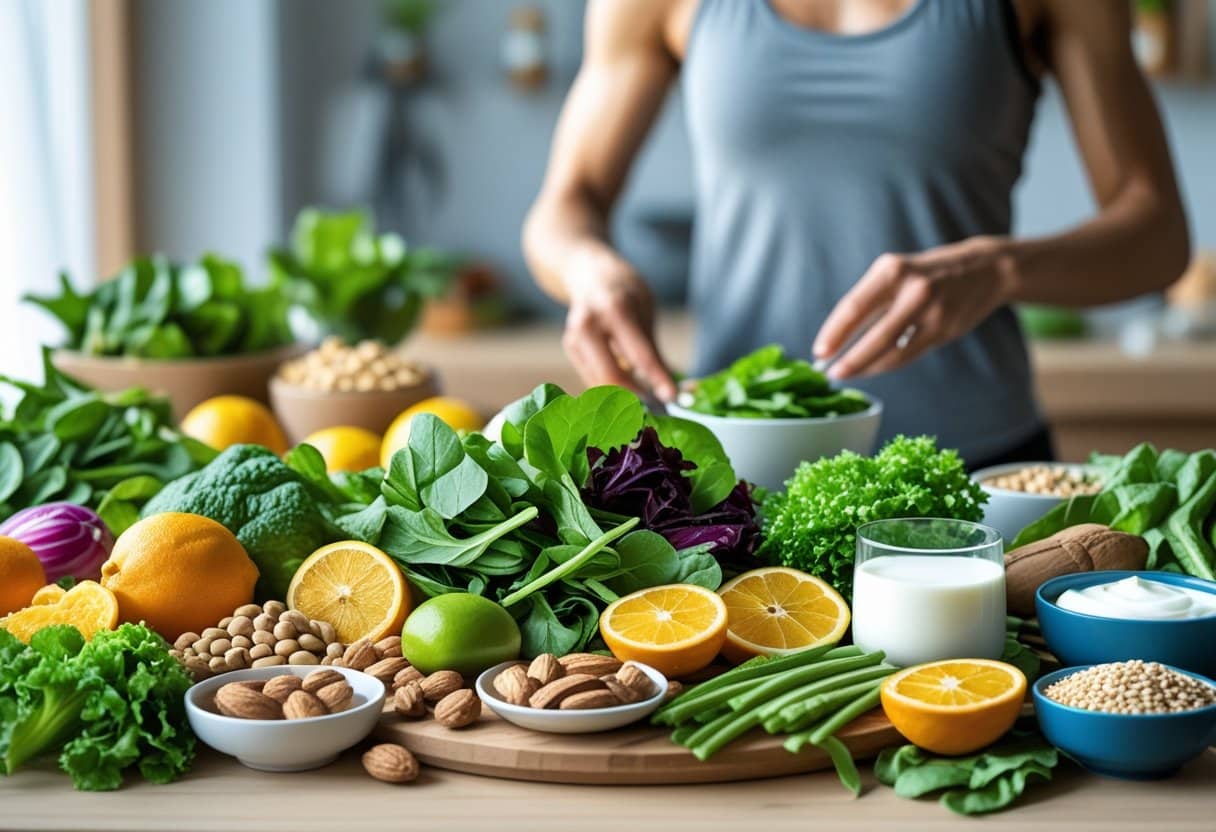 A table with fresh fruits, vegetables, nuts, and yogurt, with a person preparing a healthy meal in the background.