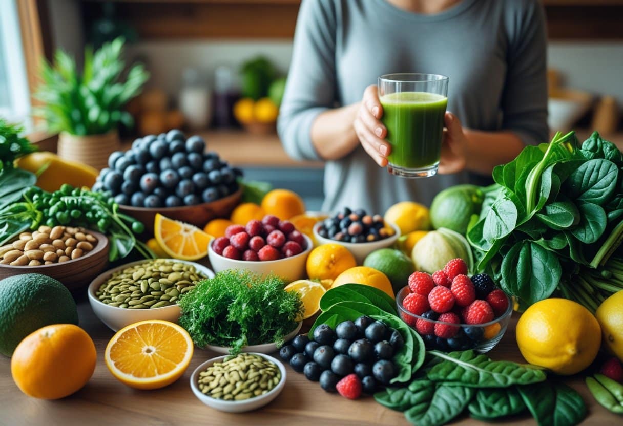 A close-up of fresh fruits and vegetables on a table with a person holding a glass of juice in the background.