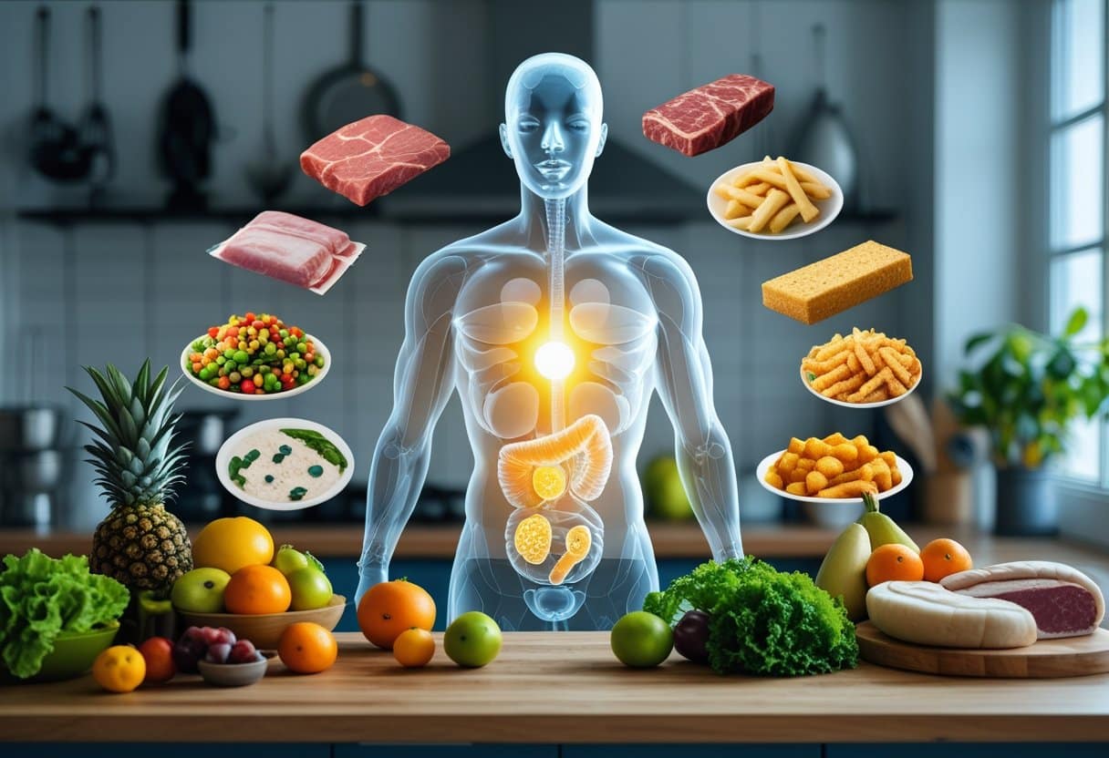 A kitchen countertop with fresh fruits and vegetables in front of a translucent human torso showing a glowing immune system symbol, with blurred images of processed and fried foods in the background.