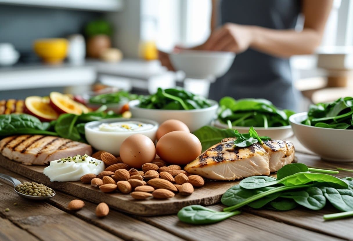 A close-up of various high-protein foods on a wooden table with a person preparing a meal in the background.