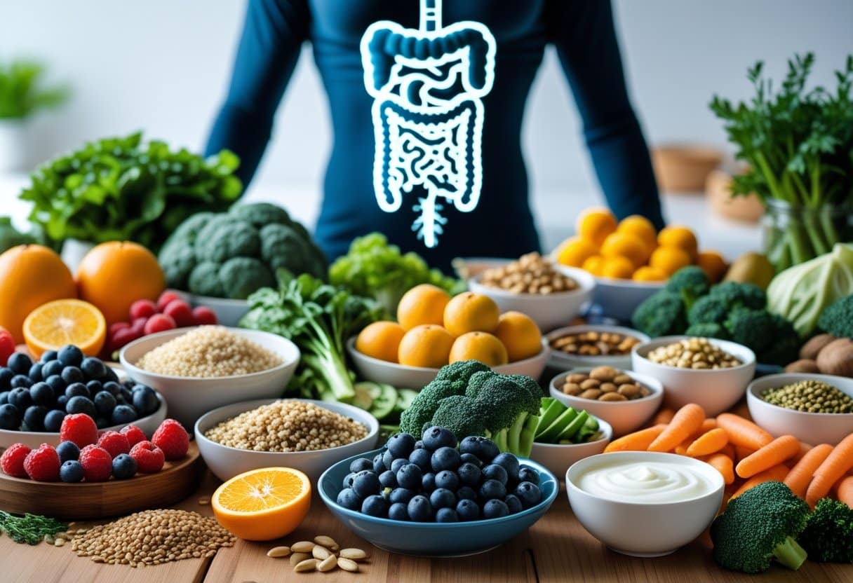 A colorful assortment of fresh fruits, vegetables, grains, nuts, and probiotic foods arranged on a wooden table with a subtle glowing human silhouette in the background representing gut and immune health.