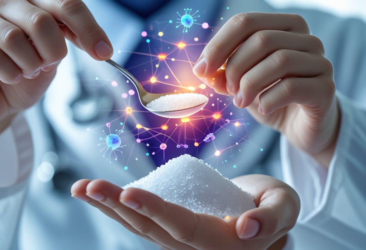 A hand holding a spoonful of sugar above a glowing digital network of immune cells with some connections appearing disrupted.