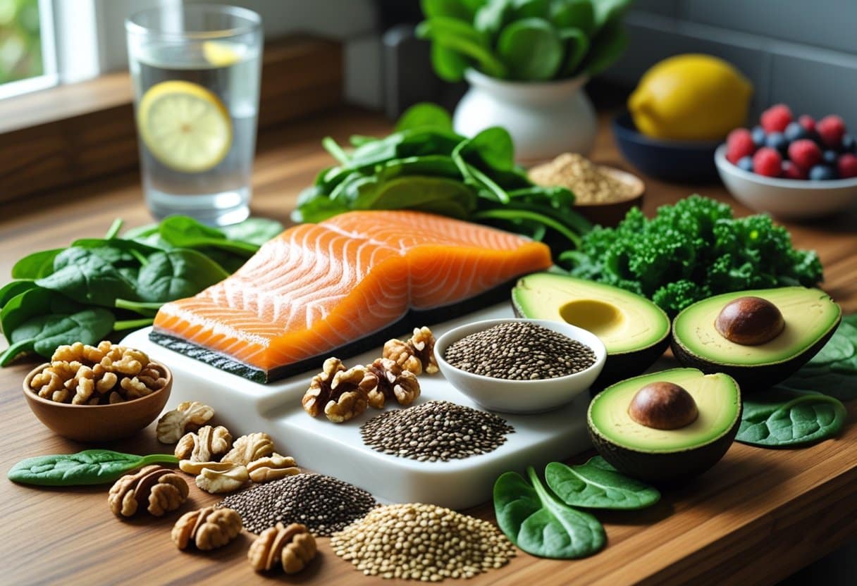 A kitchen table with fresh salmon, walnuts, chia seeds, flaxseeds, avocado slices, leafy greens, and a glass of water with lemon.