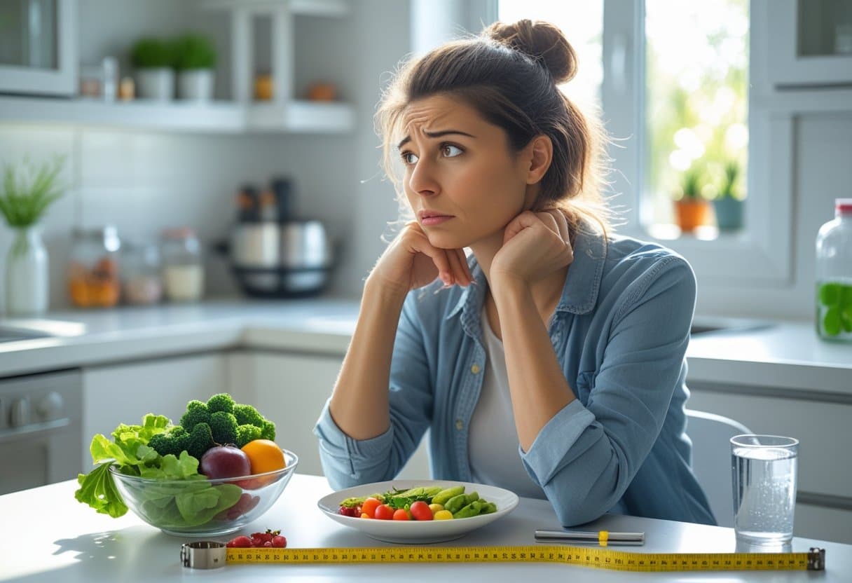A young woman sitting at a kitchen table with fresh vegetables and small food portions, appearing thoughtful and concerned.