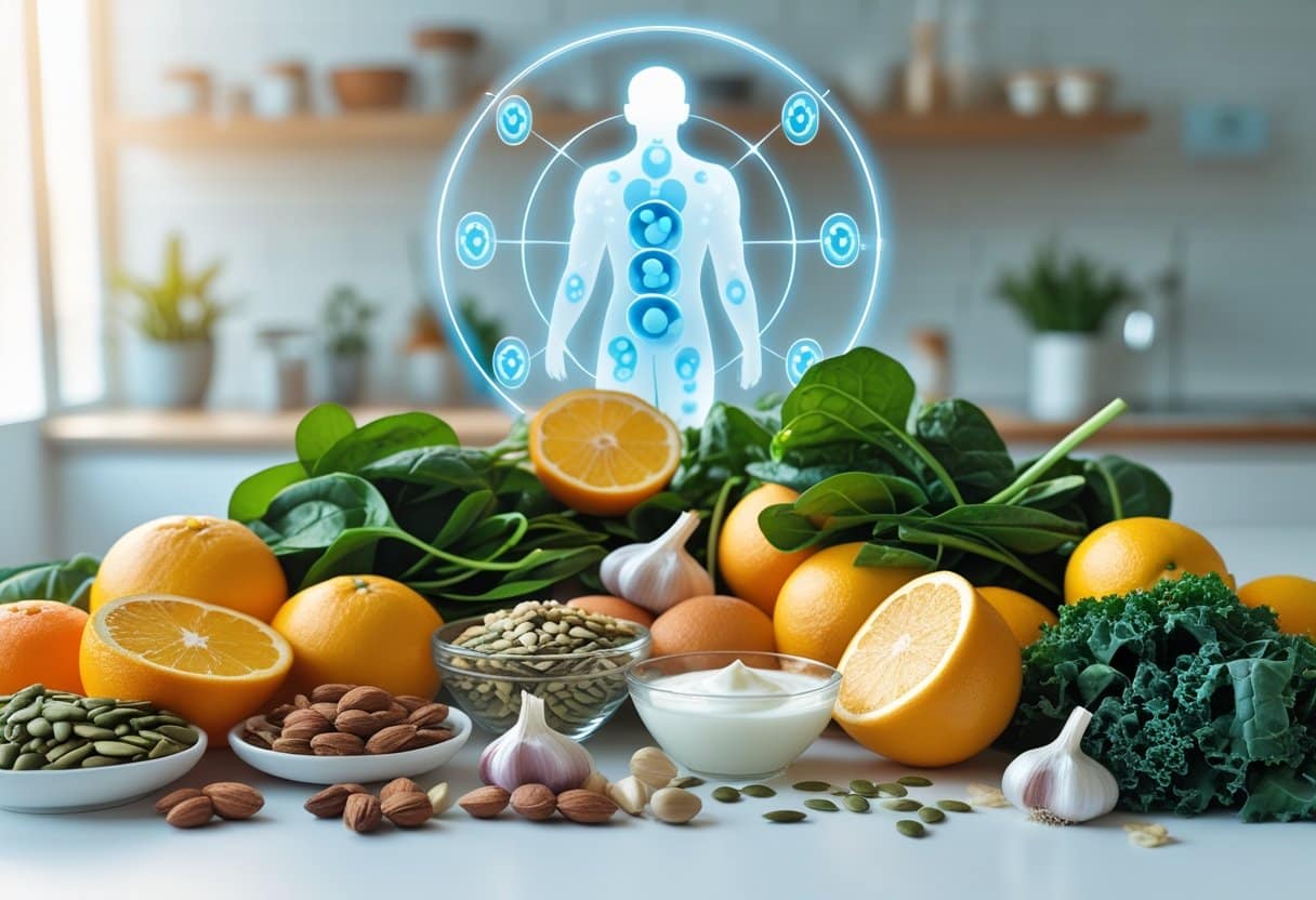 A variety of fresh fruits, vegetables, nuts, and yogurt arranged on a table with a faint graphic of a human silhouette and immune symbols in the background.