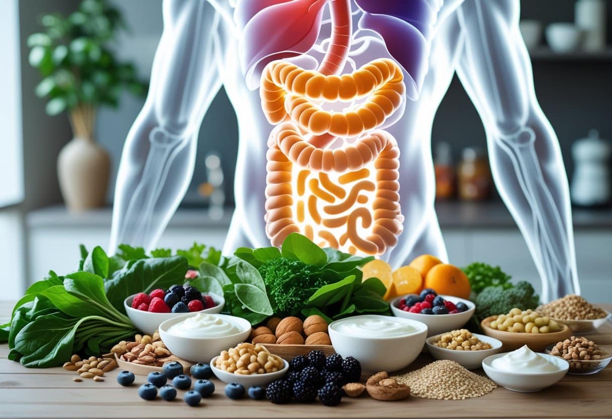 A variety of fresh healthy foods including leafy greens, berries, nuts, yogurt, and fermented vegetables arranged on a wooden table with a faint outline of a human torso showing the digestive system in the background.
