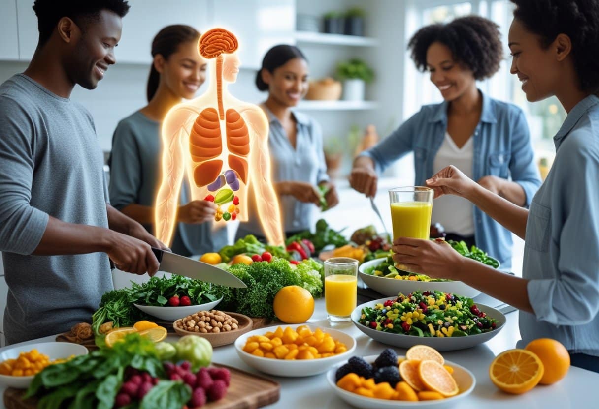 People preparing and enjoying fresh, healthy foods in a bright kitchen, symbolizing diet and immune health.