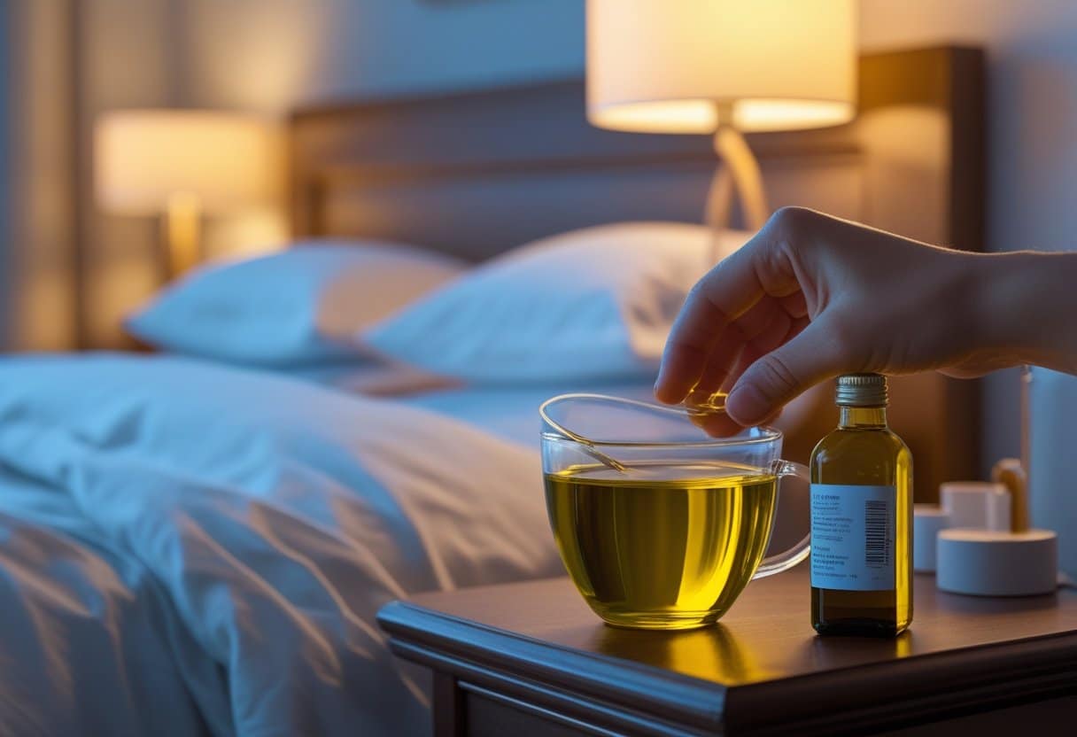 A person holding a glass of olive oil next to a bedside table with a bottle of olive oil in a softly lit bedroom at night.