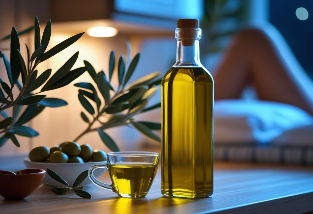 A glass bottle and small cup of olive oil on a wooden countertop with fresh olives and olive branches nearby, softly lit in a cozy kitchen setting at night.
