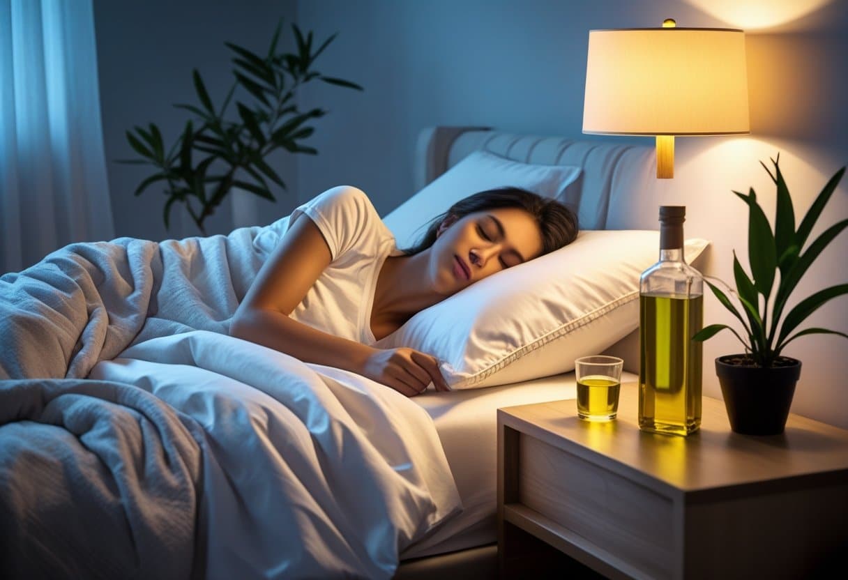 A person sleeping peacefully in a cozy bedroom with a glass and bottle of olive oil on the nightstand nearby.