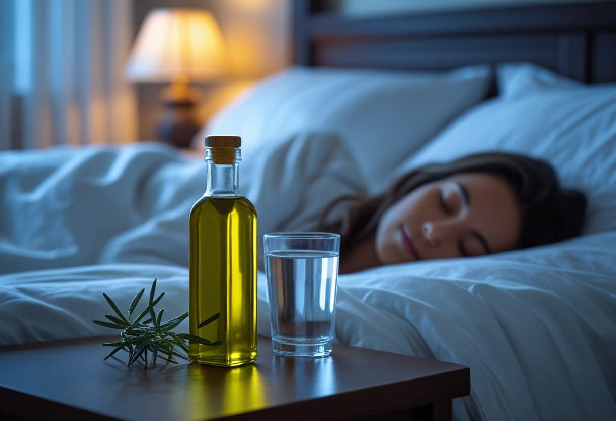 A bedside table with a bottle of olive oil and a glass of water next to a person peacefully sleeping in bed at night.
