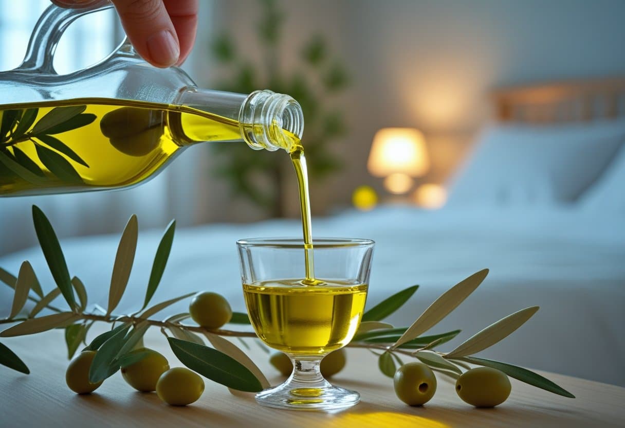 A glass of olive oil being poured next to olive branches on a wooden surface with a softly lit bedroom in the background.