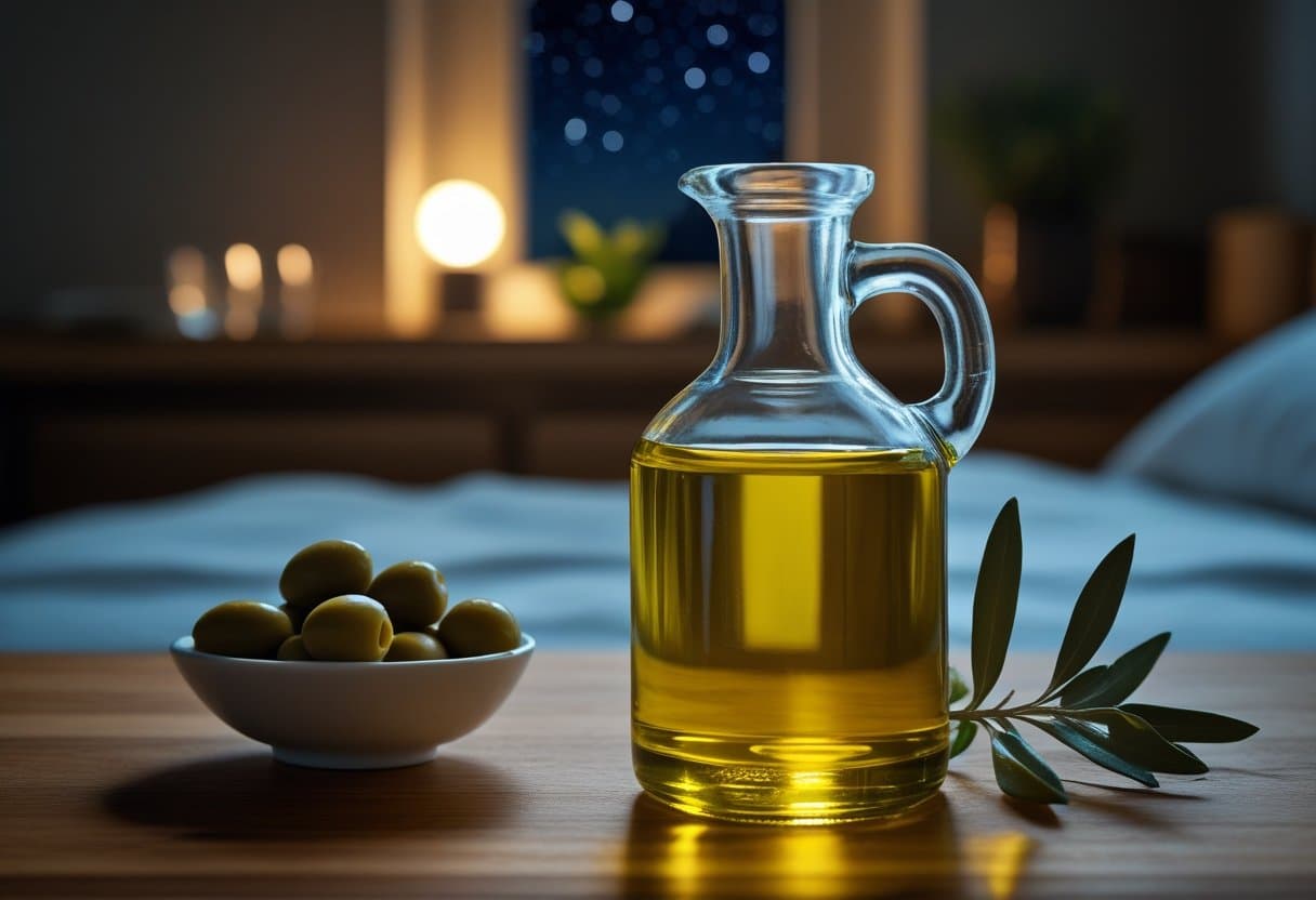 A glass of olive oil on a wooden countertop next to olives and olive leaves in a softly lit kitchen at night.