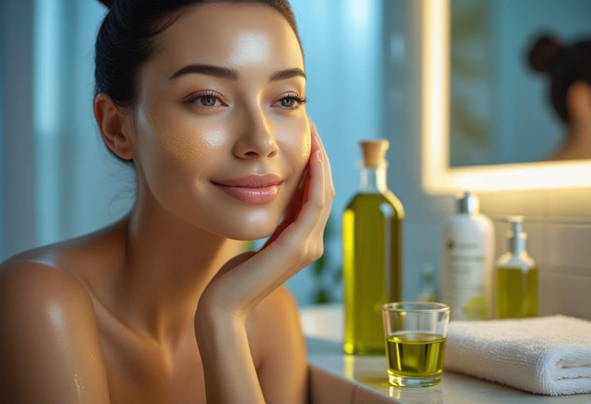 A woman with glowing skin gently touches her cheek in a softly lit bathroom with a glass and bottle of olive oil on the counter.