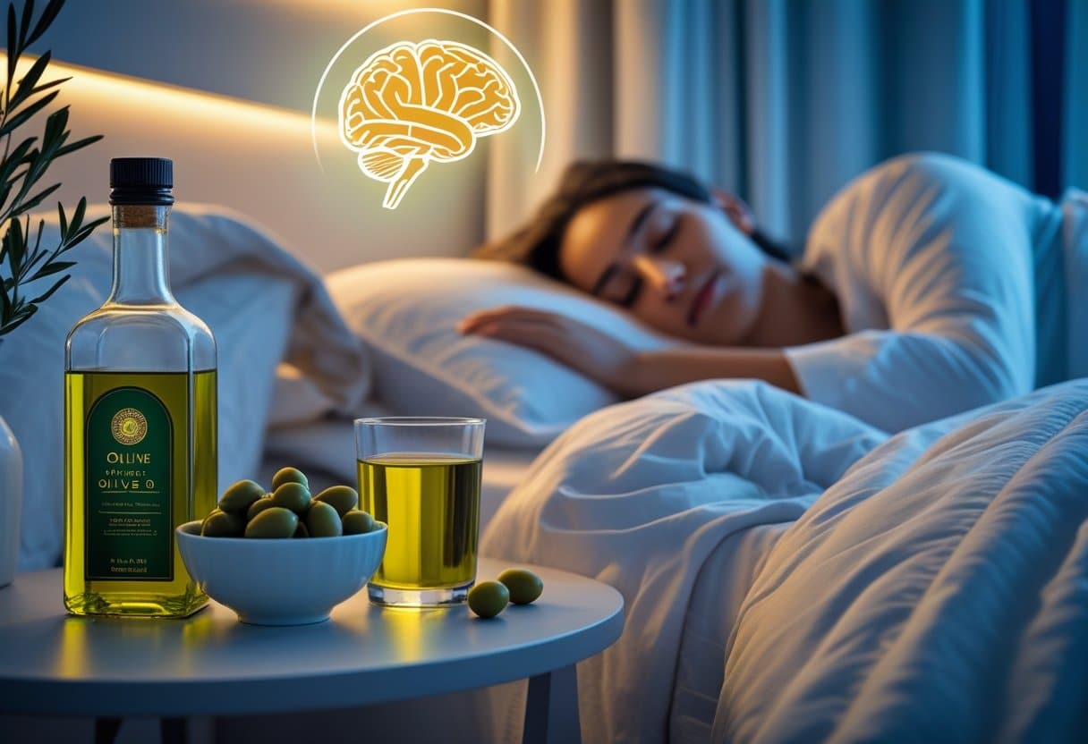 A peaceful bedroom at night with a glass of olive oil and olives on a bedside table and a person sleeping under white bedding.