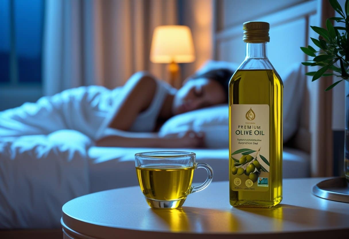 A bedside table with a glass of olive oil and a bottle next to a bed where a person is resting peacefully.