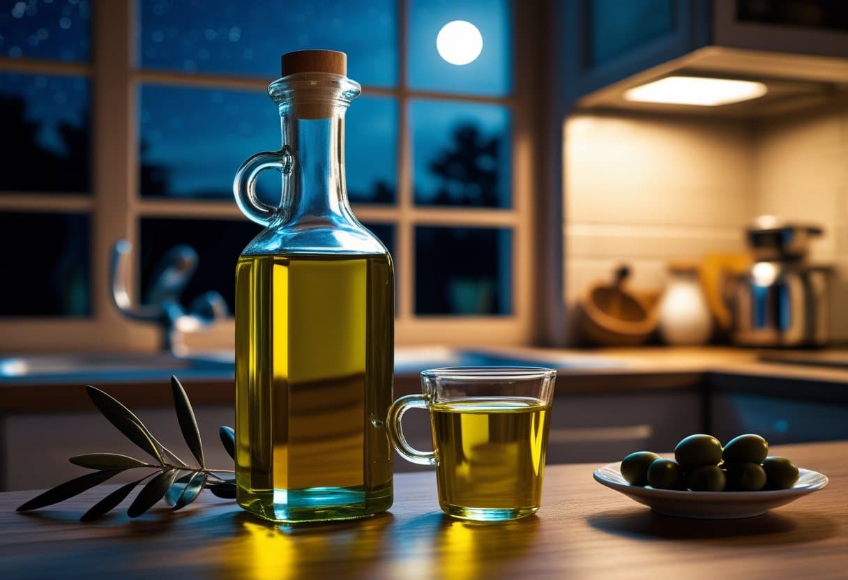 A glass bottle and small cup of olive oil on a wooden kitchen countertop at night, with a plate of olives and olive leaves nearby and a window showing a dark night sky.