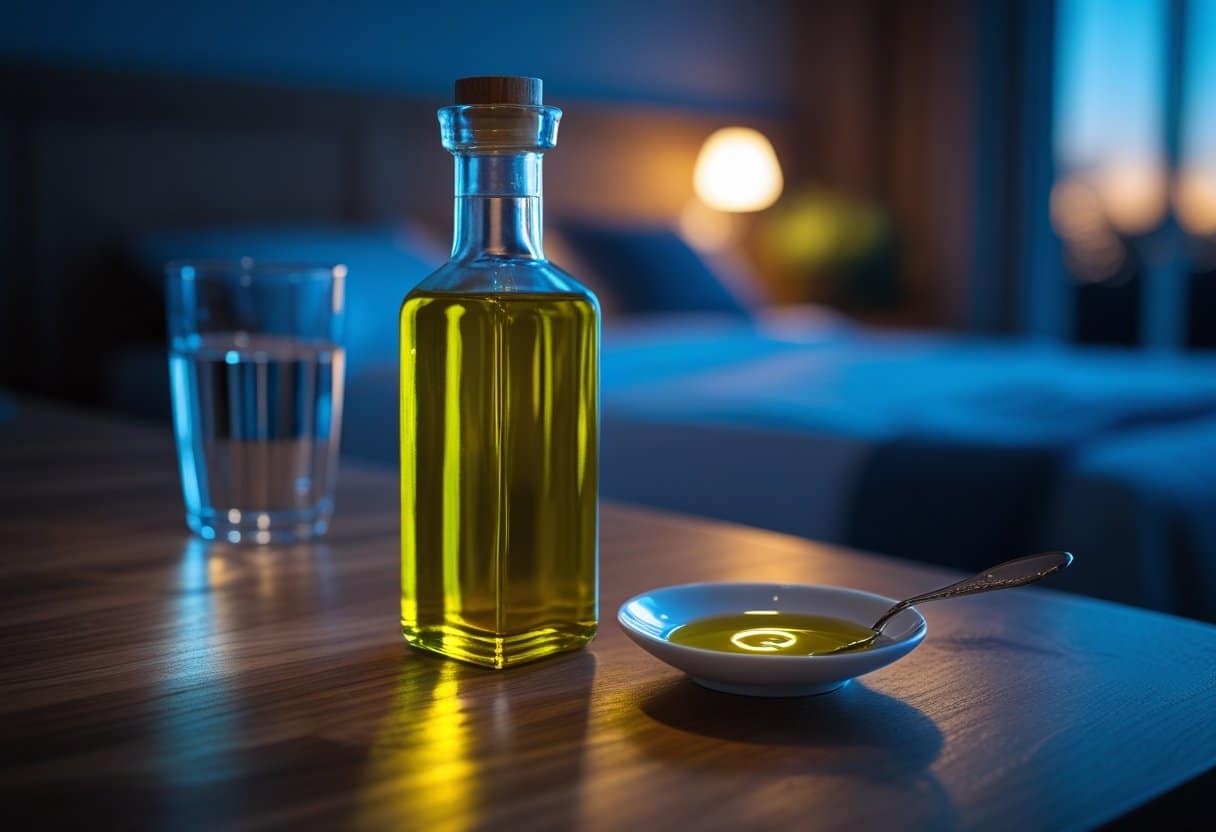 A glass bottle of olive oil with a spoon of olive oil on a wooden countertop in a softly lit kitchen, with a blurred bedroom in the background.