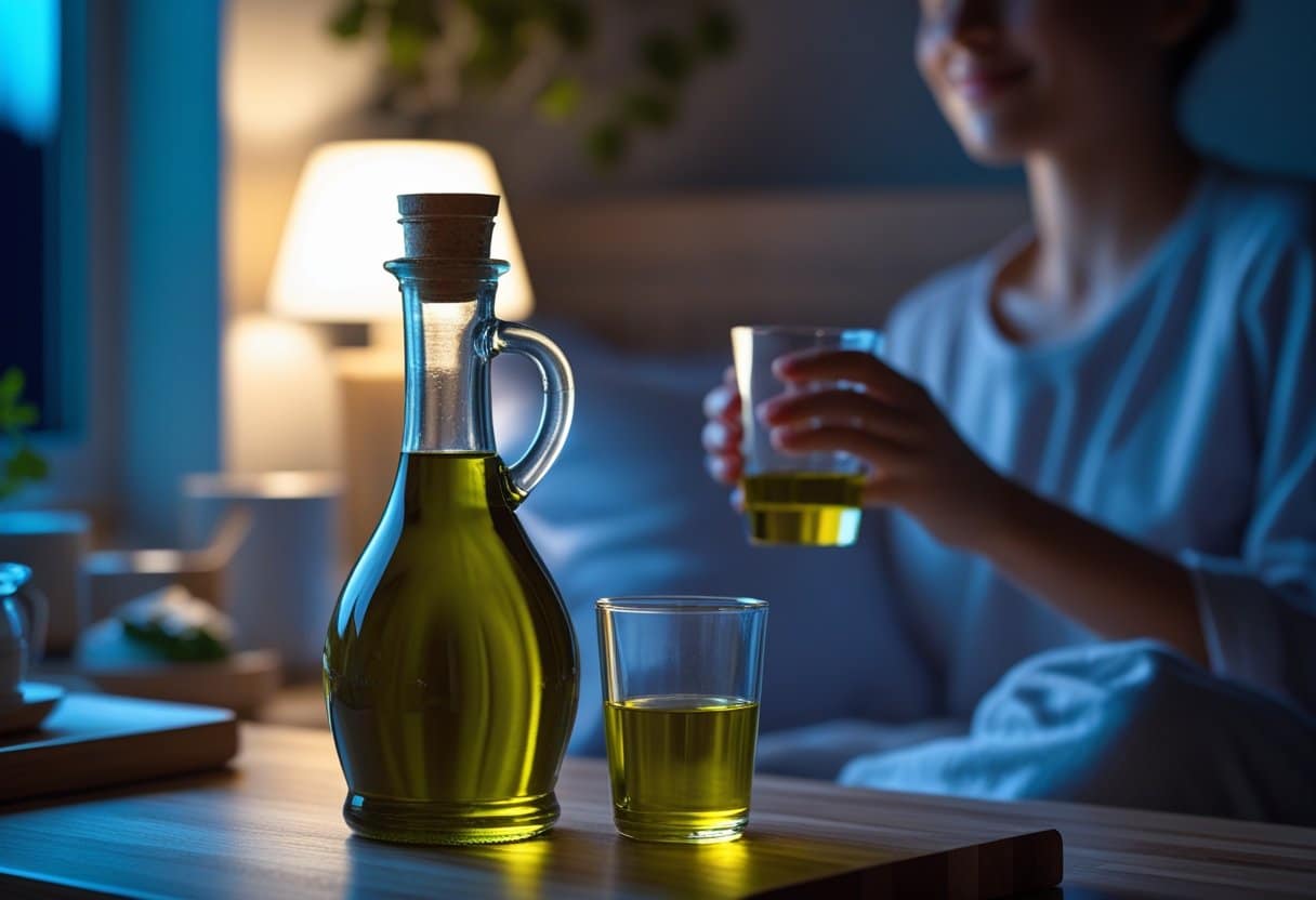 A person holding a glass of olive oil in a cozy kitchen at night with a bottle of olive oil on the counter.