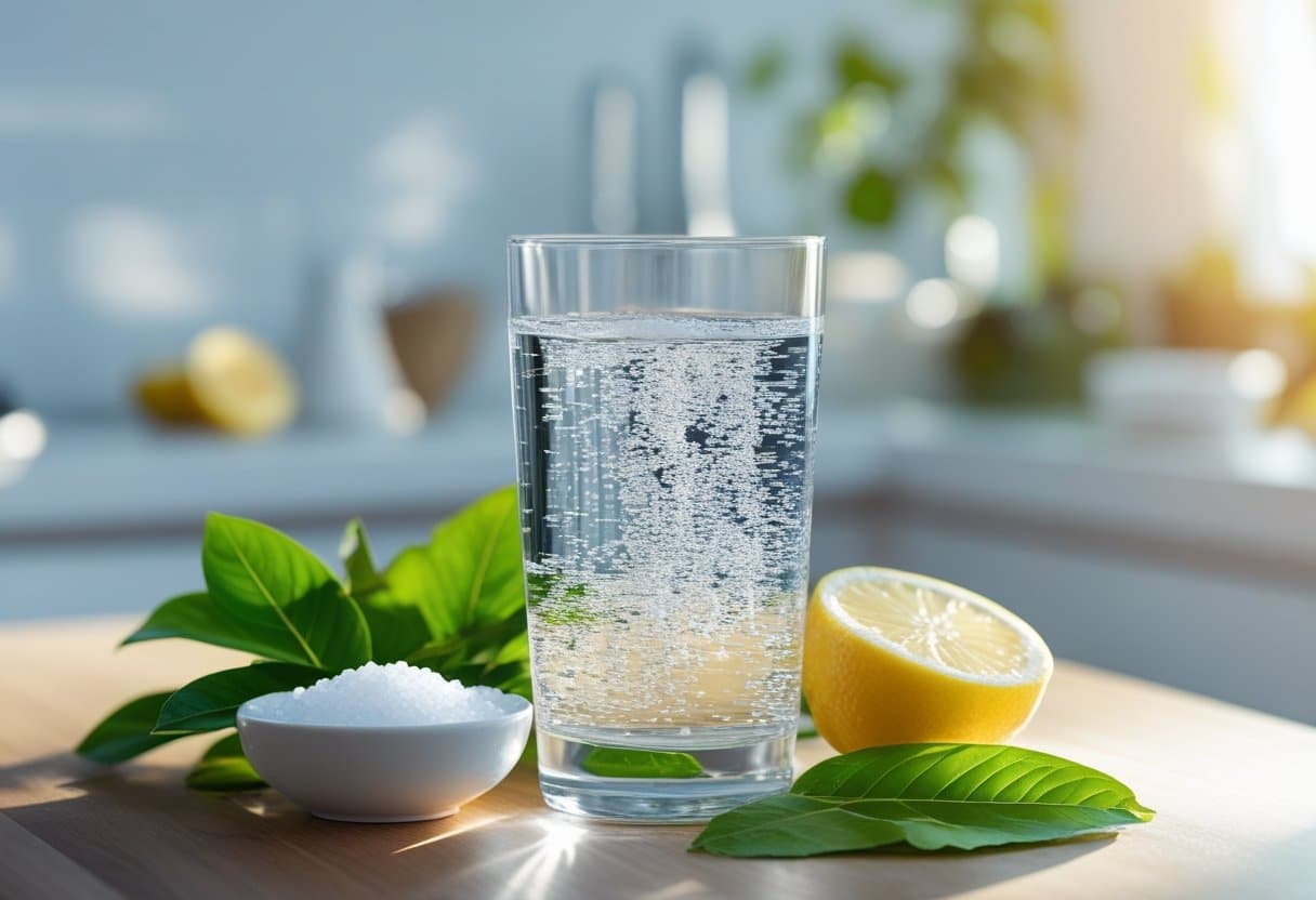 A clear glass of water on a wooden table surrounded by lemon slices and green leaves in a bright, sunlit room.