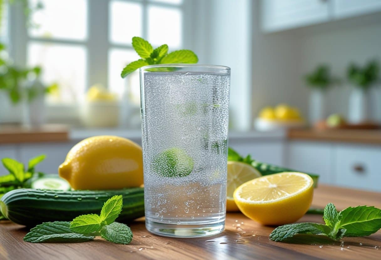 A glass of clear water with lemon slices and mint leaves on a wooden table in a bright kitchen.