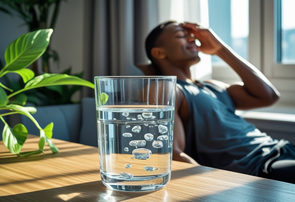 A glass of clear water on a table with a person in the background looking relaxed and comfortable, surrounded by green plants and natural light.