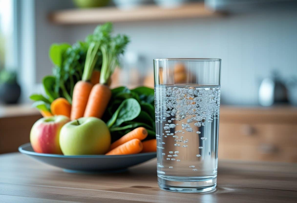 A clear glass of water on a wooden table next to a bowl of fresh fruits and vegetables in a kitchen.
