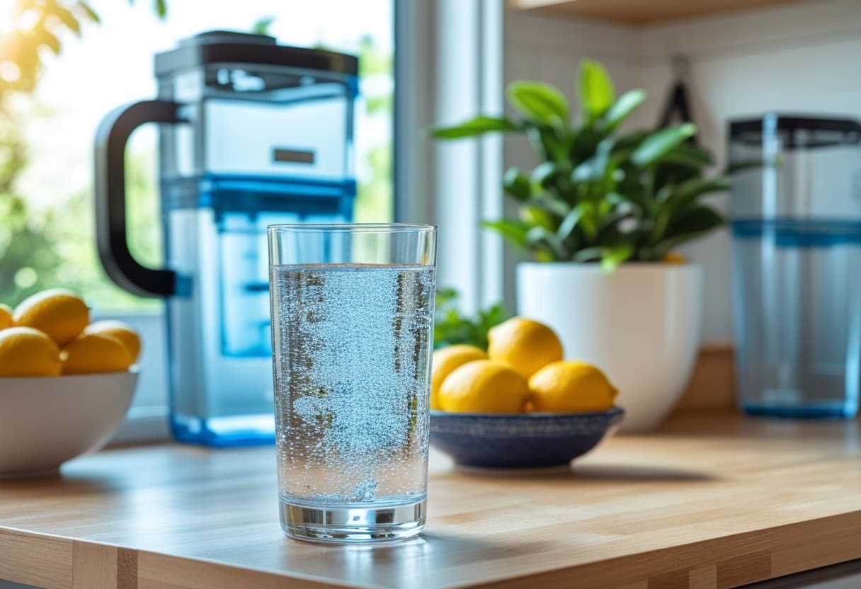 A glass of clear water on a kitchen countertop next to fresh fruits and a water filter pitcher with natural light coming through a window.