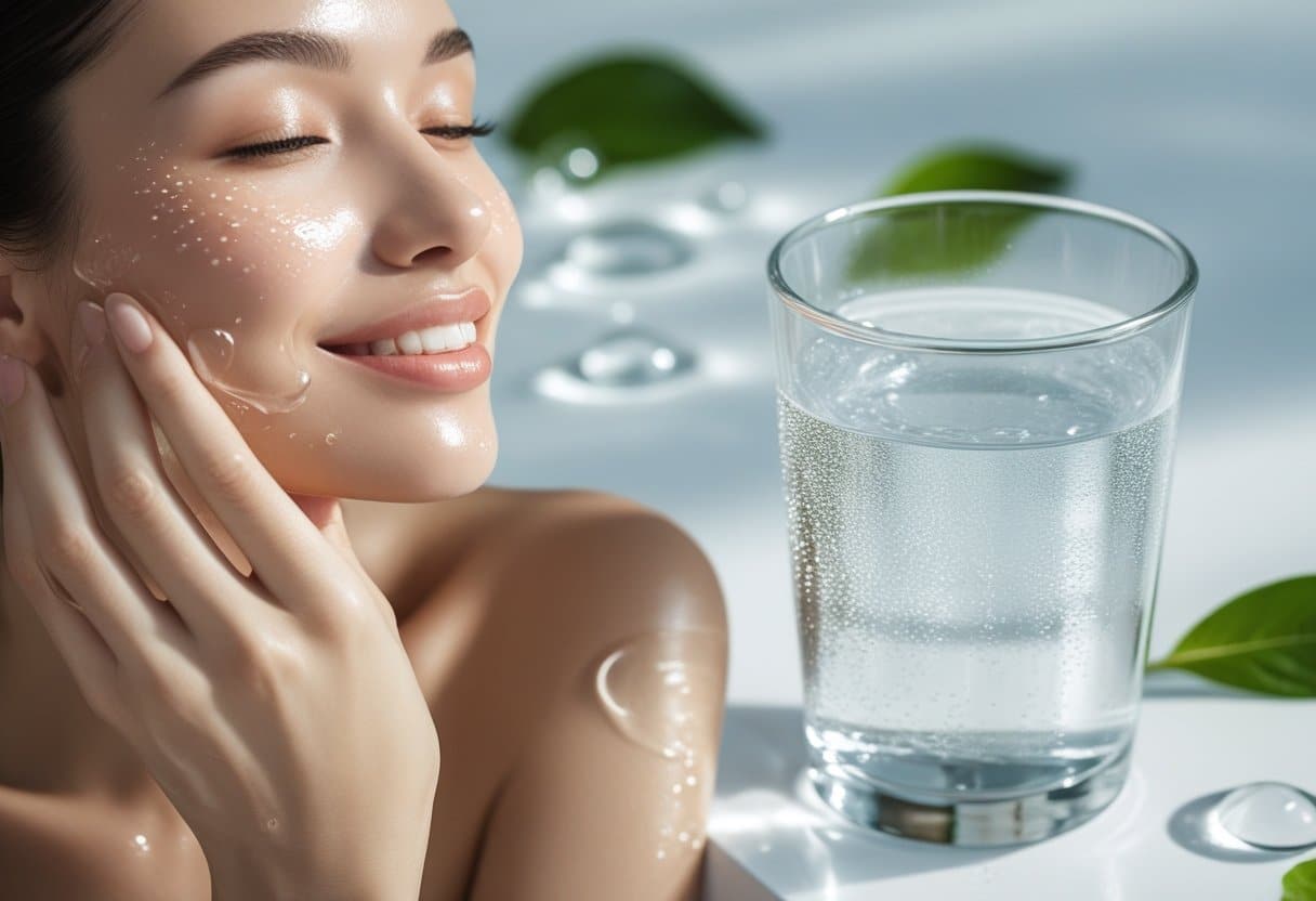 A young woman with glowing skin gently touching her face next to a clear glass of water on a white surface with green leaves.