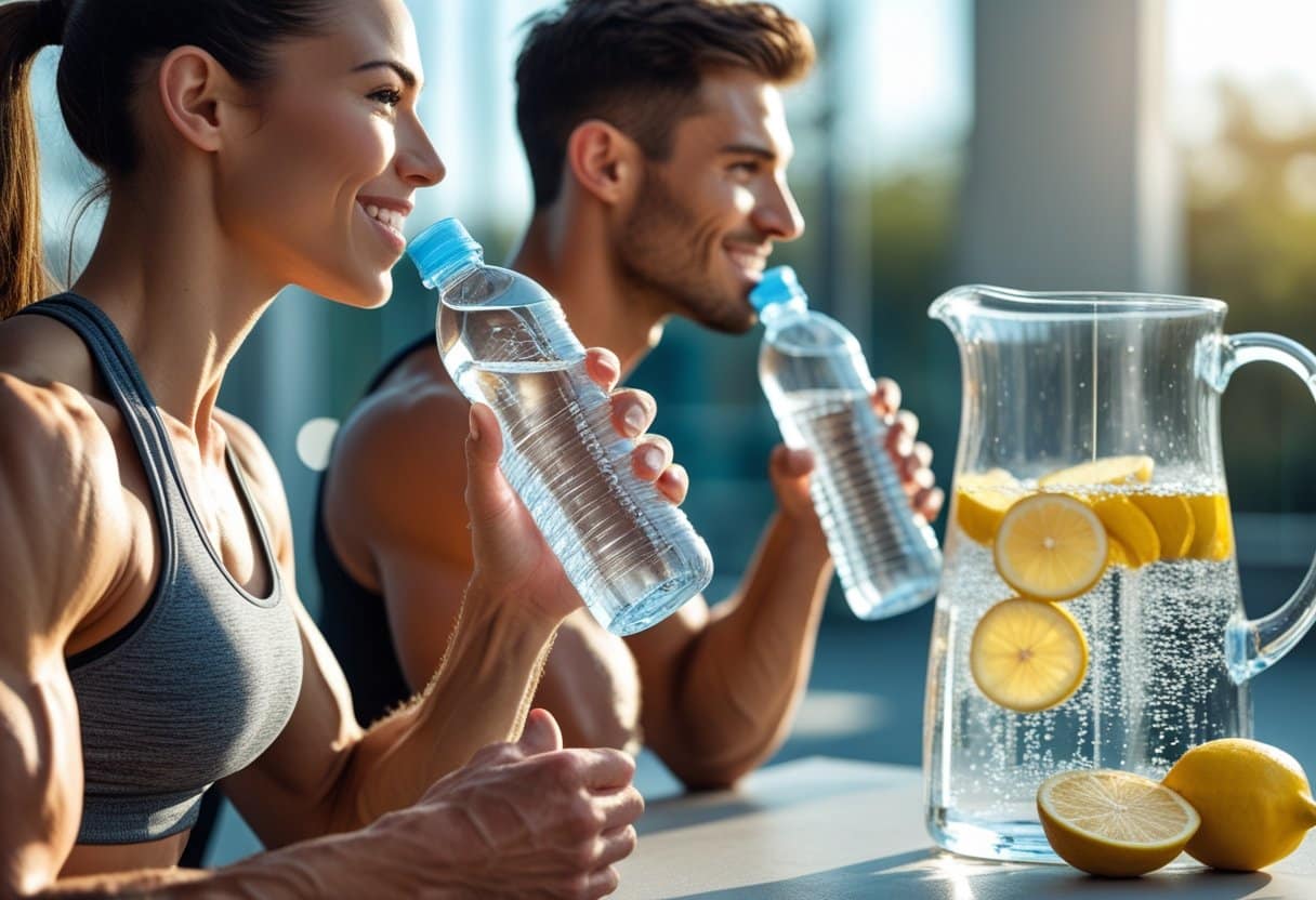 A fit young man and woman drinking water in a bright gym setting with a glass pitcher of water and lemon slices nearby.