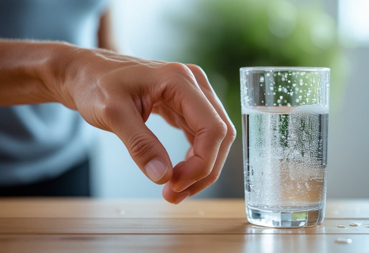 Close-up of a healthy adult's hand bending fingers with a glass of clear water on a table in the background.