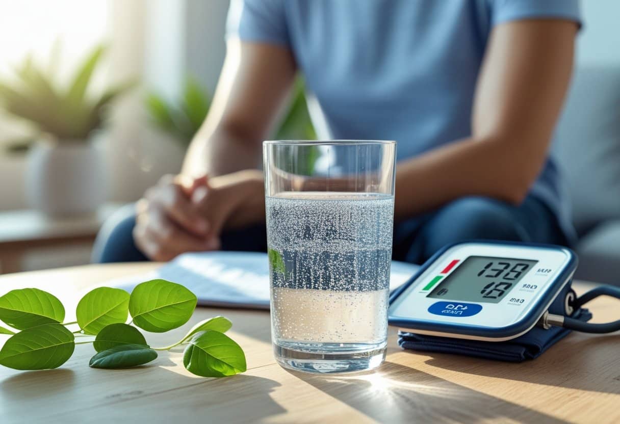 A clear glass of water on a wooden table next to a blood pressure monitor with a person smiling in the background.