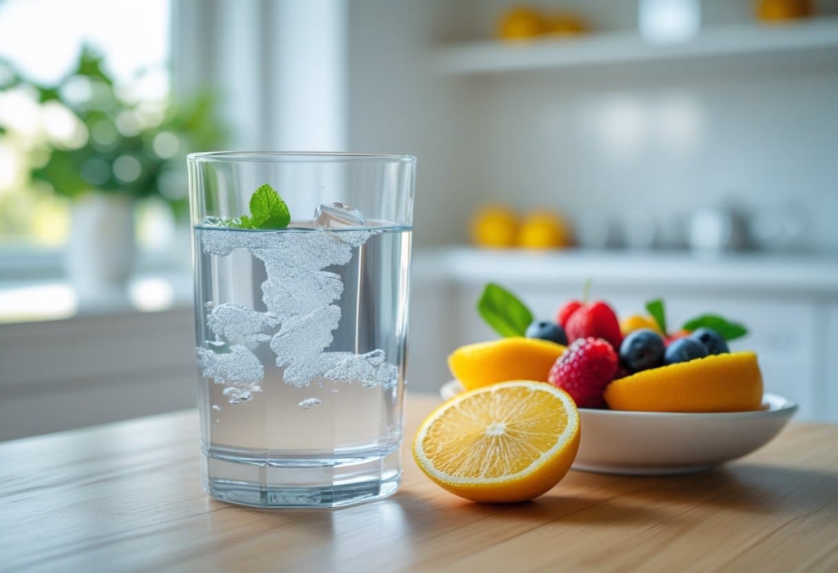 A clear glass of water on a wooden table next to a bowl of fresh fruits in a bright kitchen.