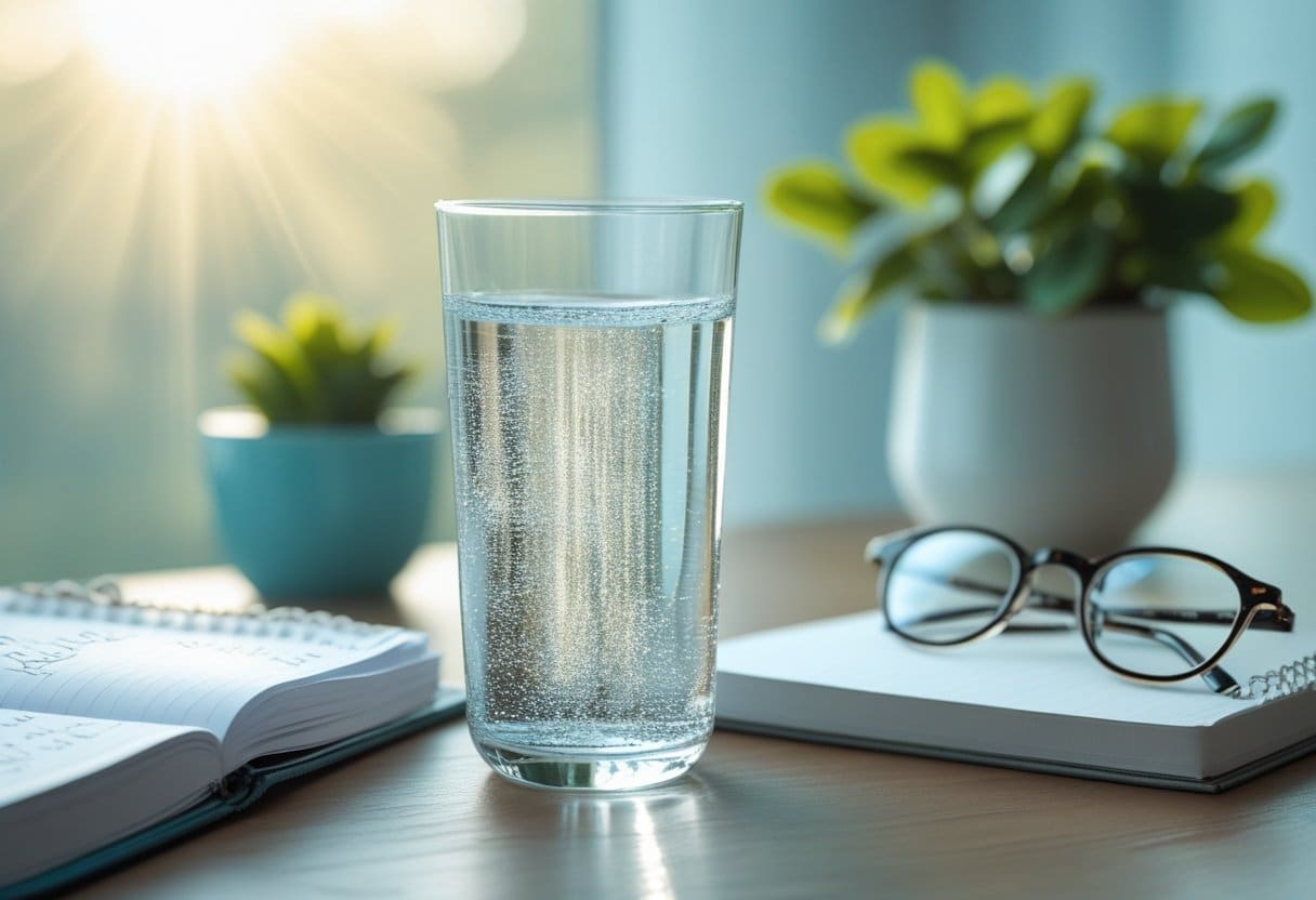 A clear glass of water on a wooden table next to an open notebook, eyeglasses, and a small green plant with sunlight coming through a window.