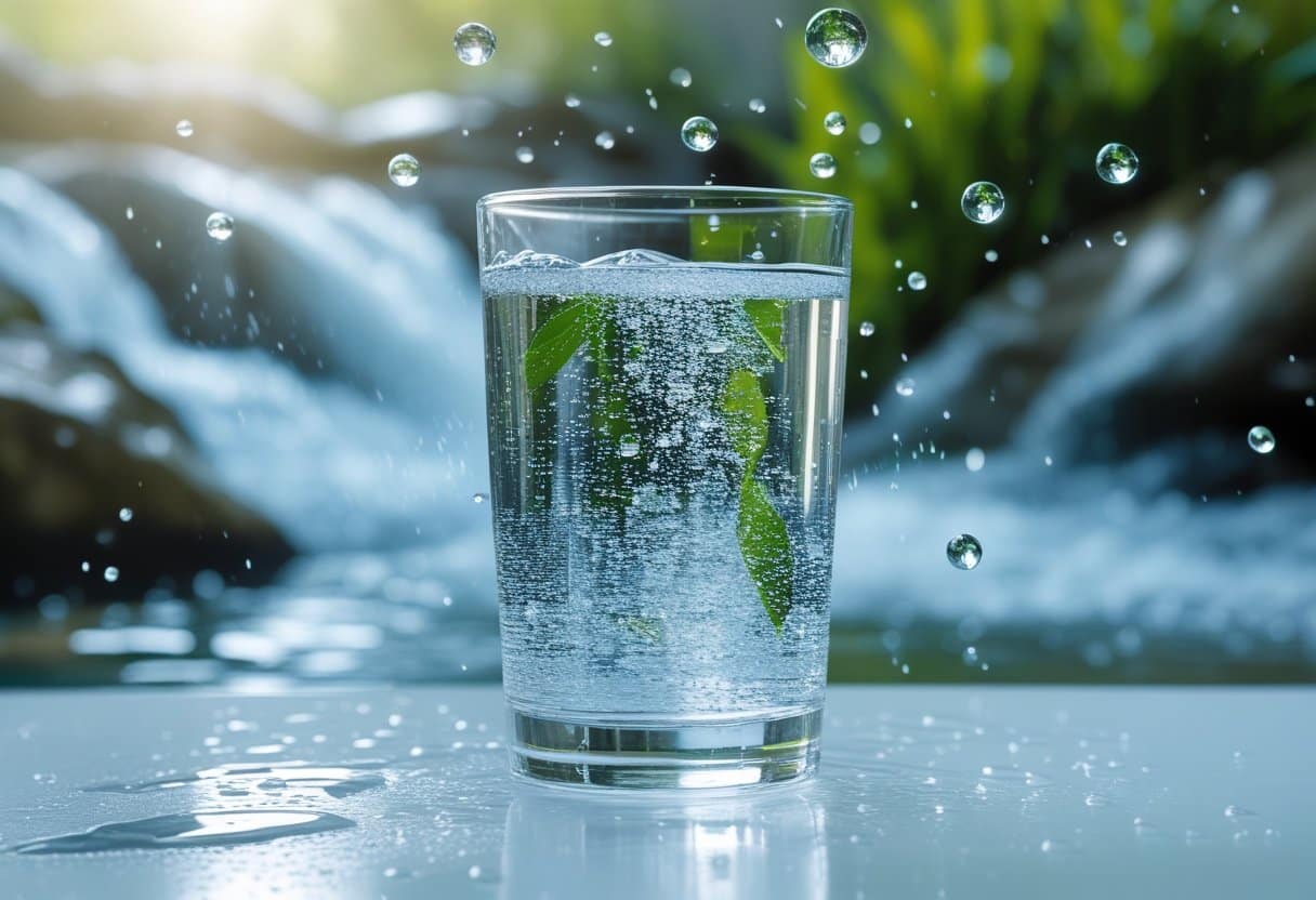 A clear glass of sparkling water on a white surface with natural water and green foliage in the background.