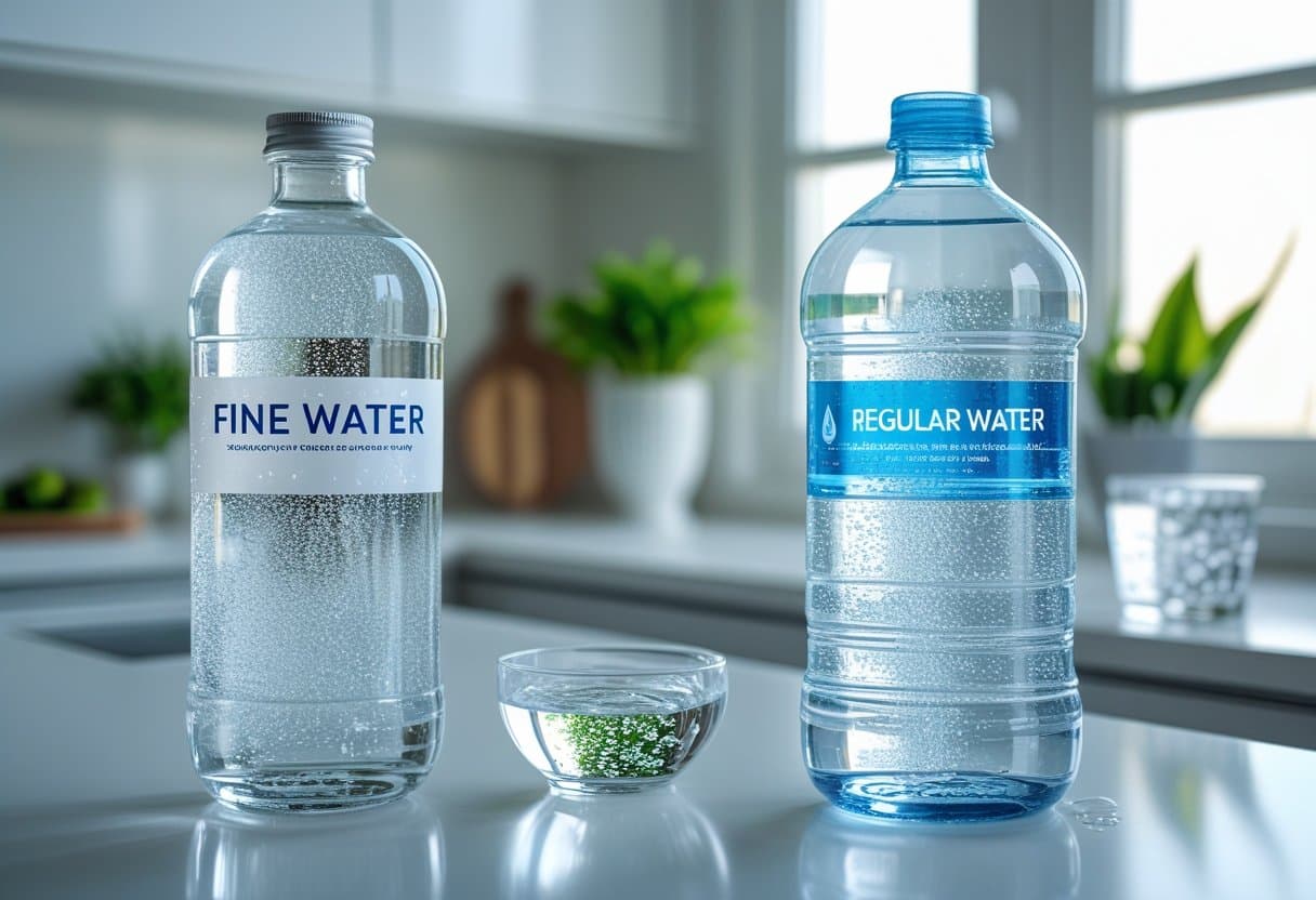 Two clear glass bottles of water on a kitchen countertop, one representing fine water and the other regular water, with small bowls of water samples and a glass of water nearby, set in a bright kitchen with plants.