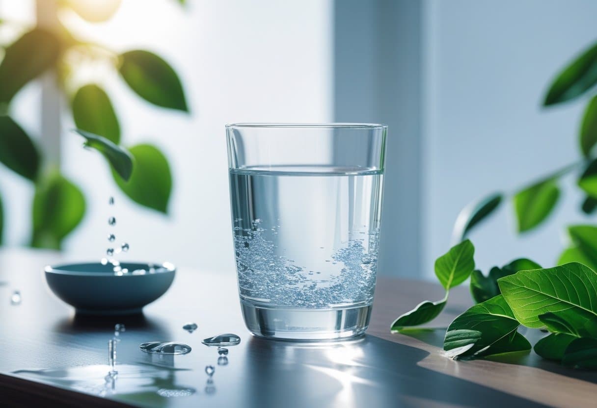 A clear glass of water on a wooden table with green leaves and soft natural light in the background.