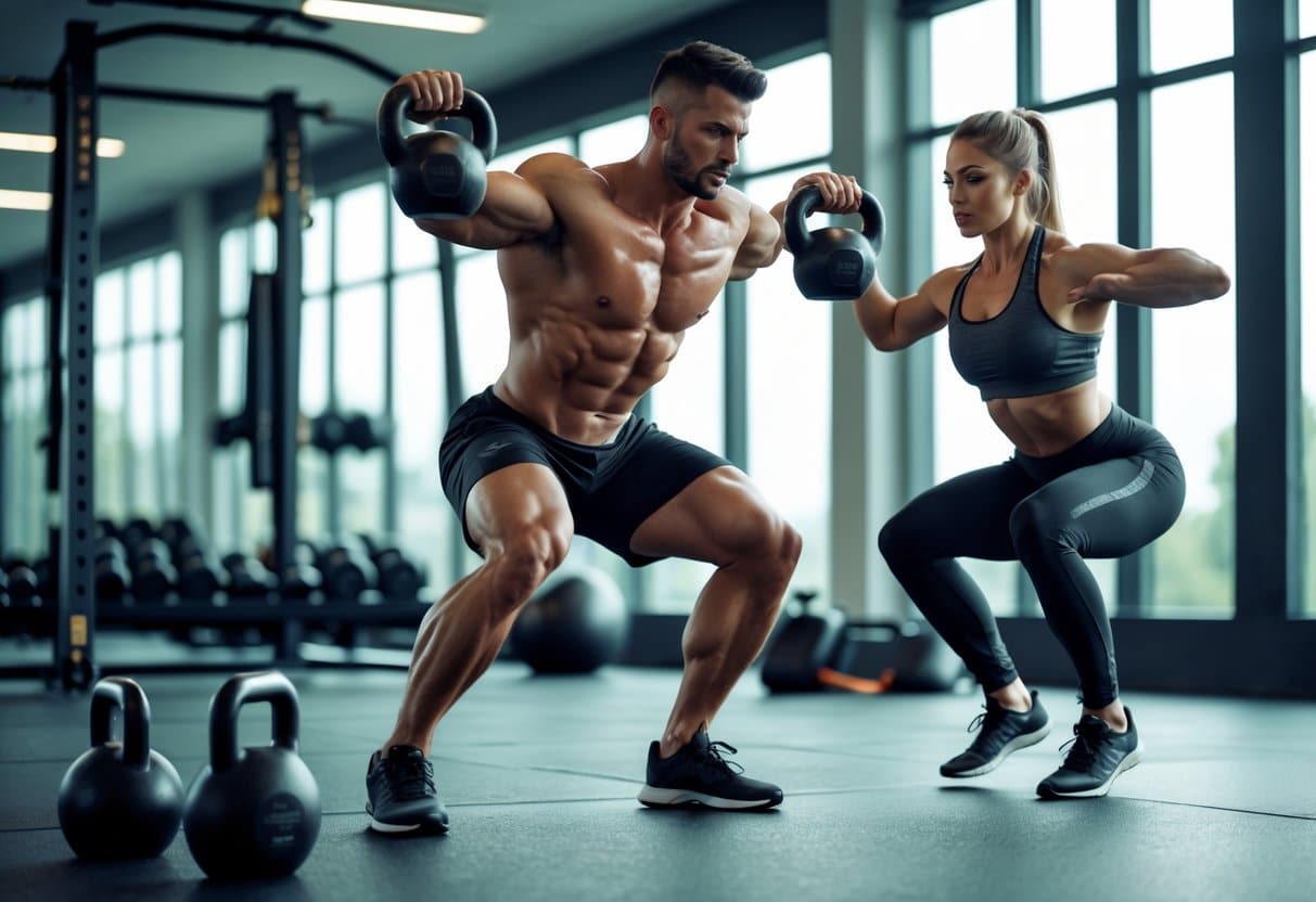 A man and woman exercising intensely in a gym, performing kettlebell swings and jump squats.