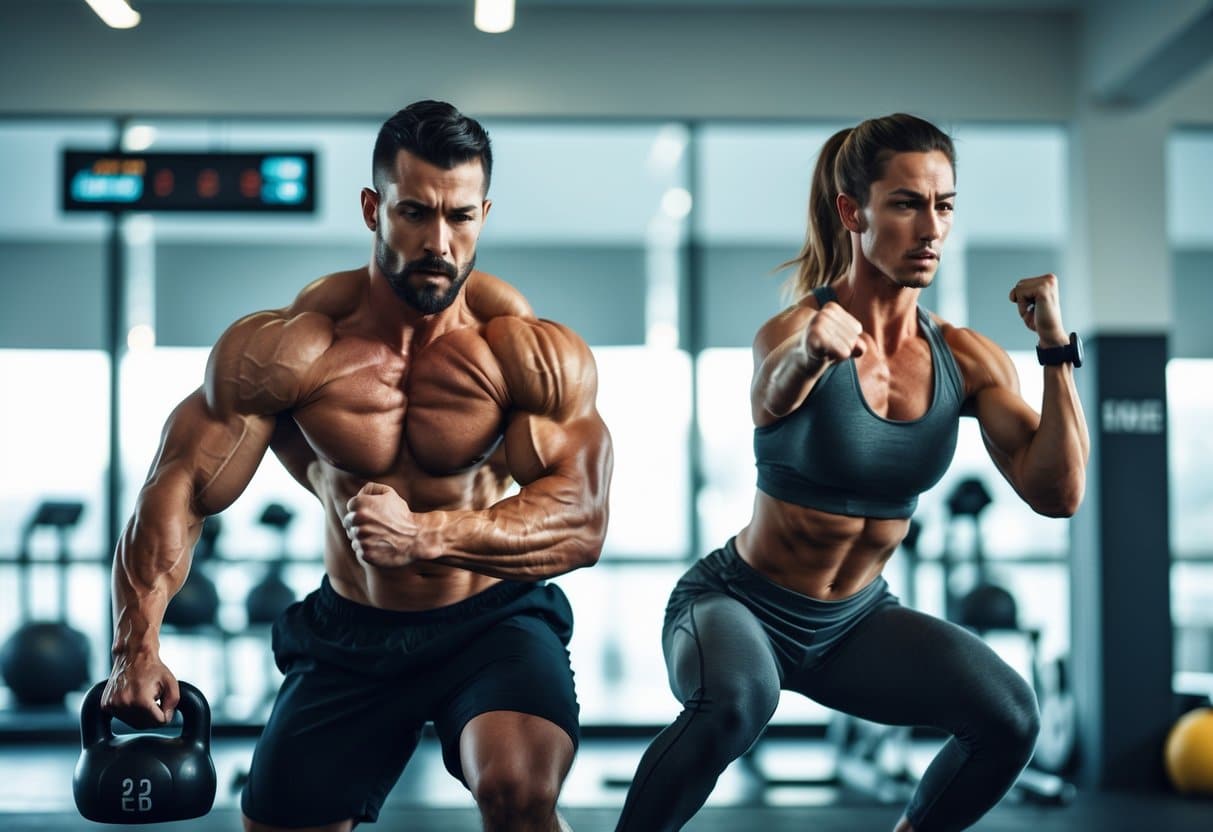 A man and woman performing intense exercises in a gym, showing effort and muscle engagement during a high-intensity workout.