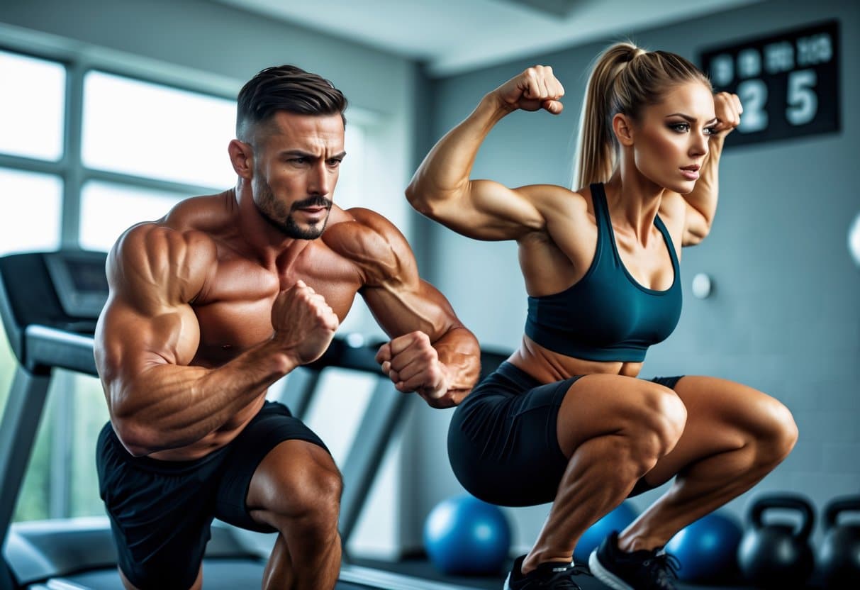 A man running on a treadmill and a woman doing jump squats in a gym, both showing fit and muscular physiques during high-intensity training.