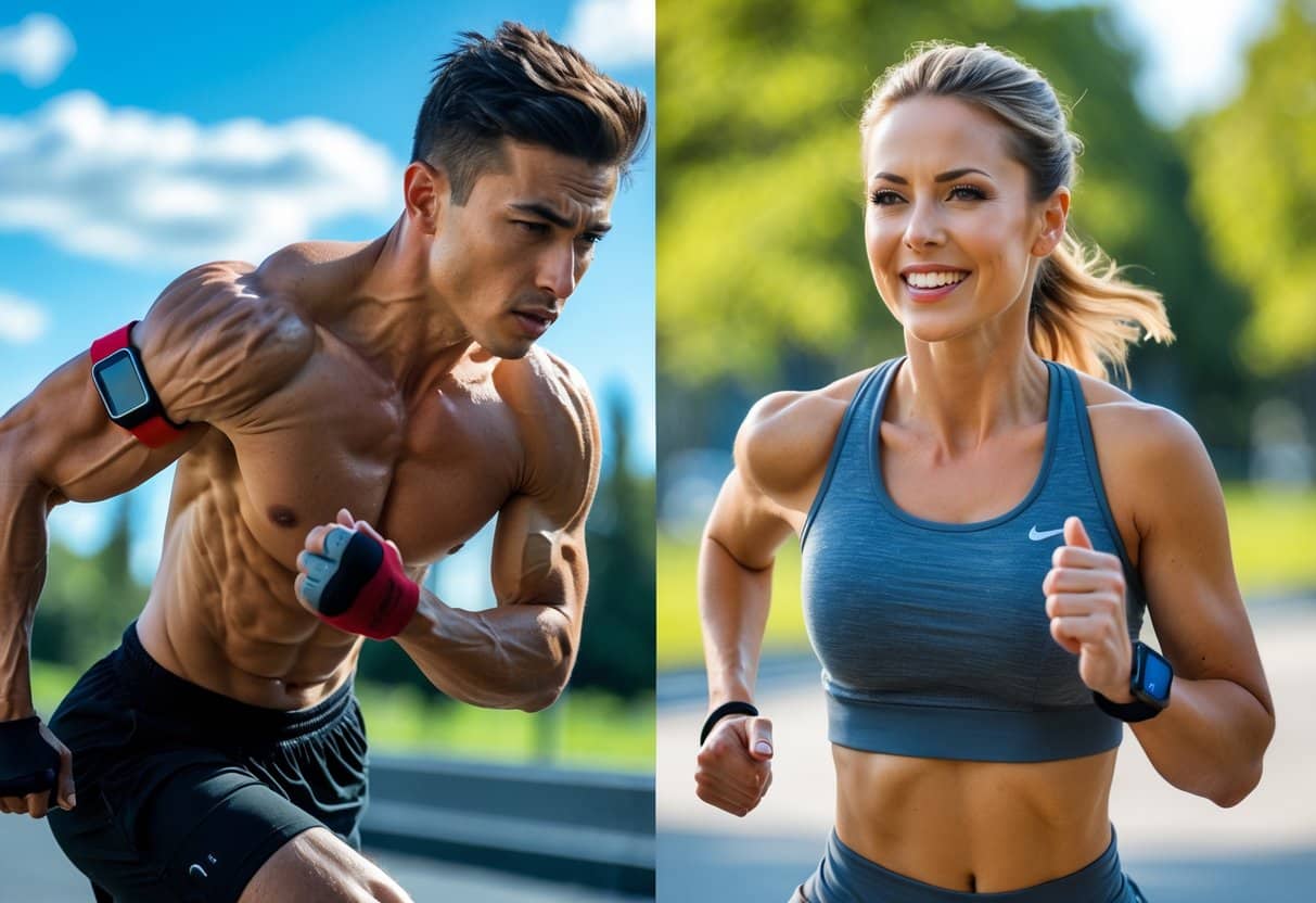 A split image showing a man sprinting intensely on one side and a woman jogging calmly on the other side outdoors in a park.