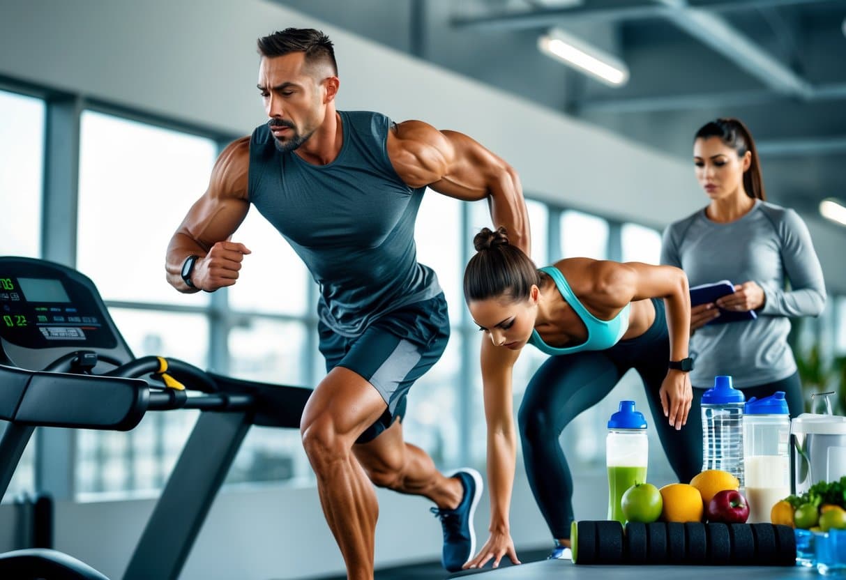 A man sprinting on a treadmill while a woman stretches nearby with a foam roller in a gym, with healthy food and a trainer watching in the background.