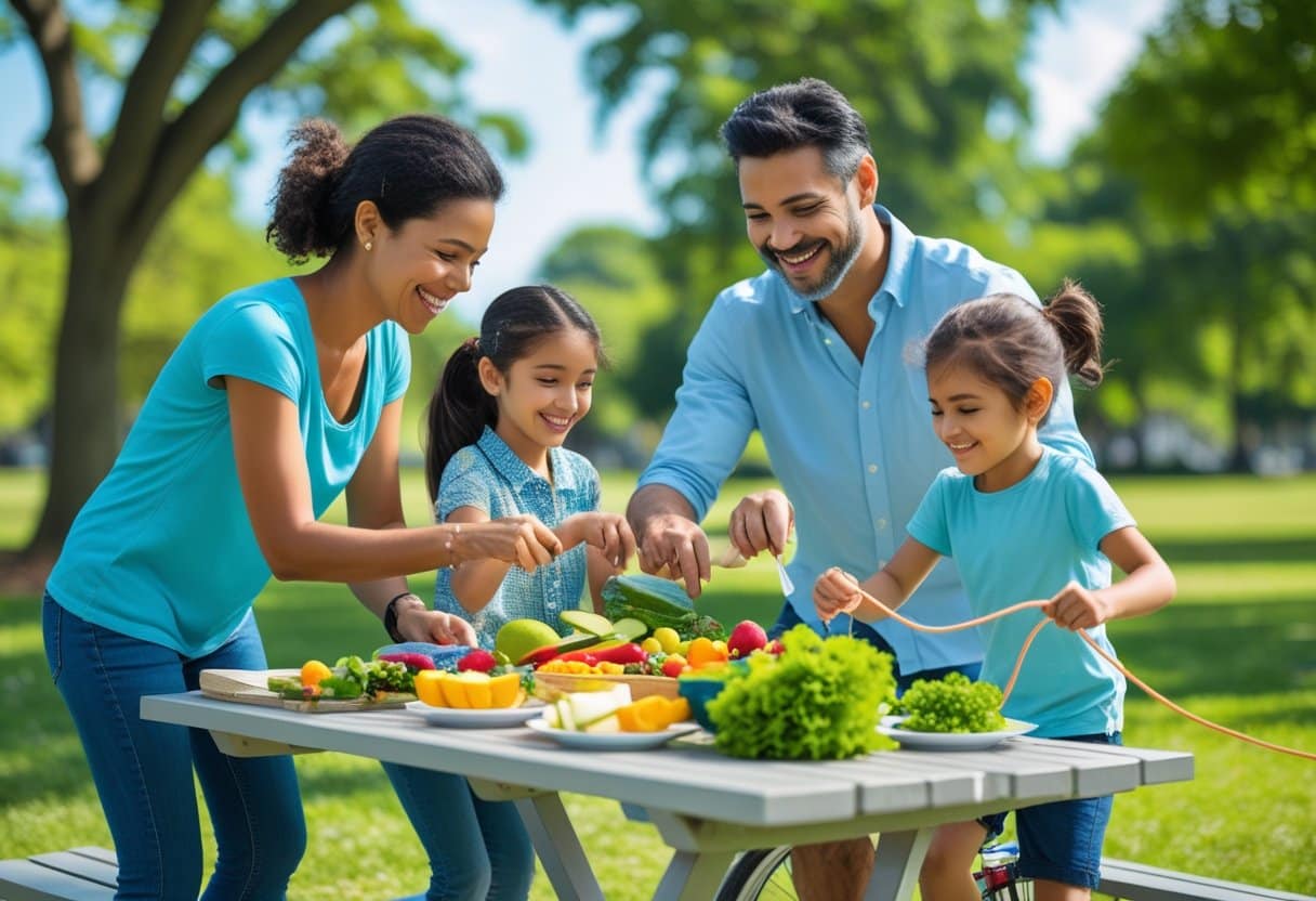 A family of four preparing fresh fruits and vegetables at a picnic table in a park while children play outside.
