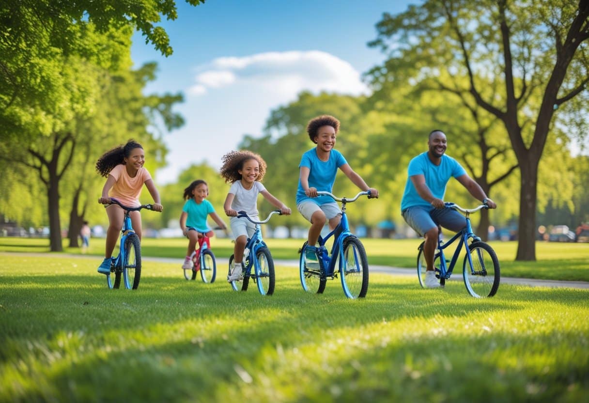 A family with children biking and playing outside in a sunny park.