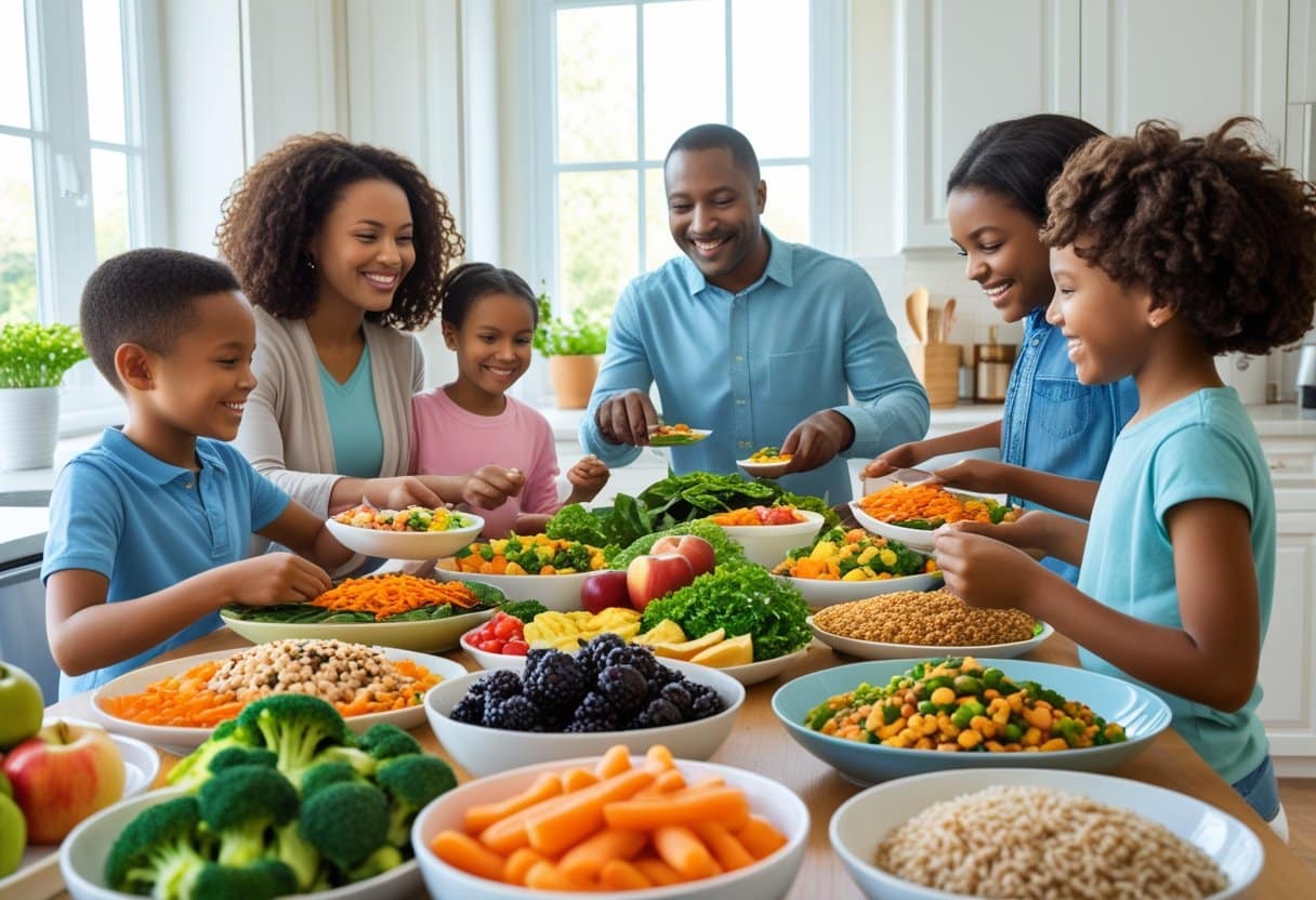 A family gathered around a table enjoying a meal with vegetables, fruits, whole grains, and lean proteins.