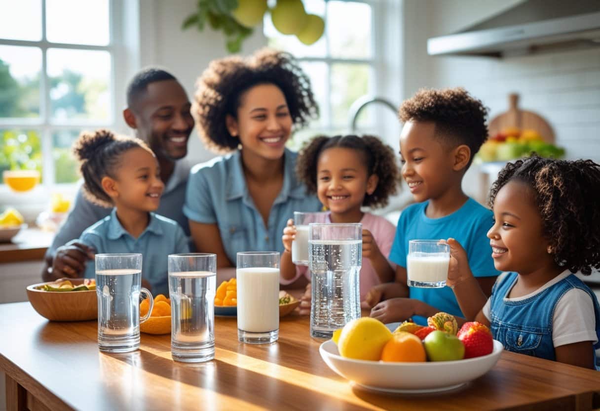 A family with young children sitting at a kitchen table drinking water and milk, surrounded by healthy foods.