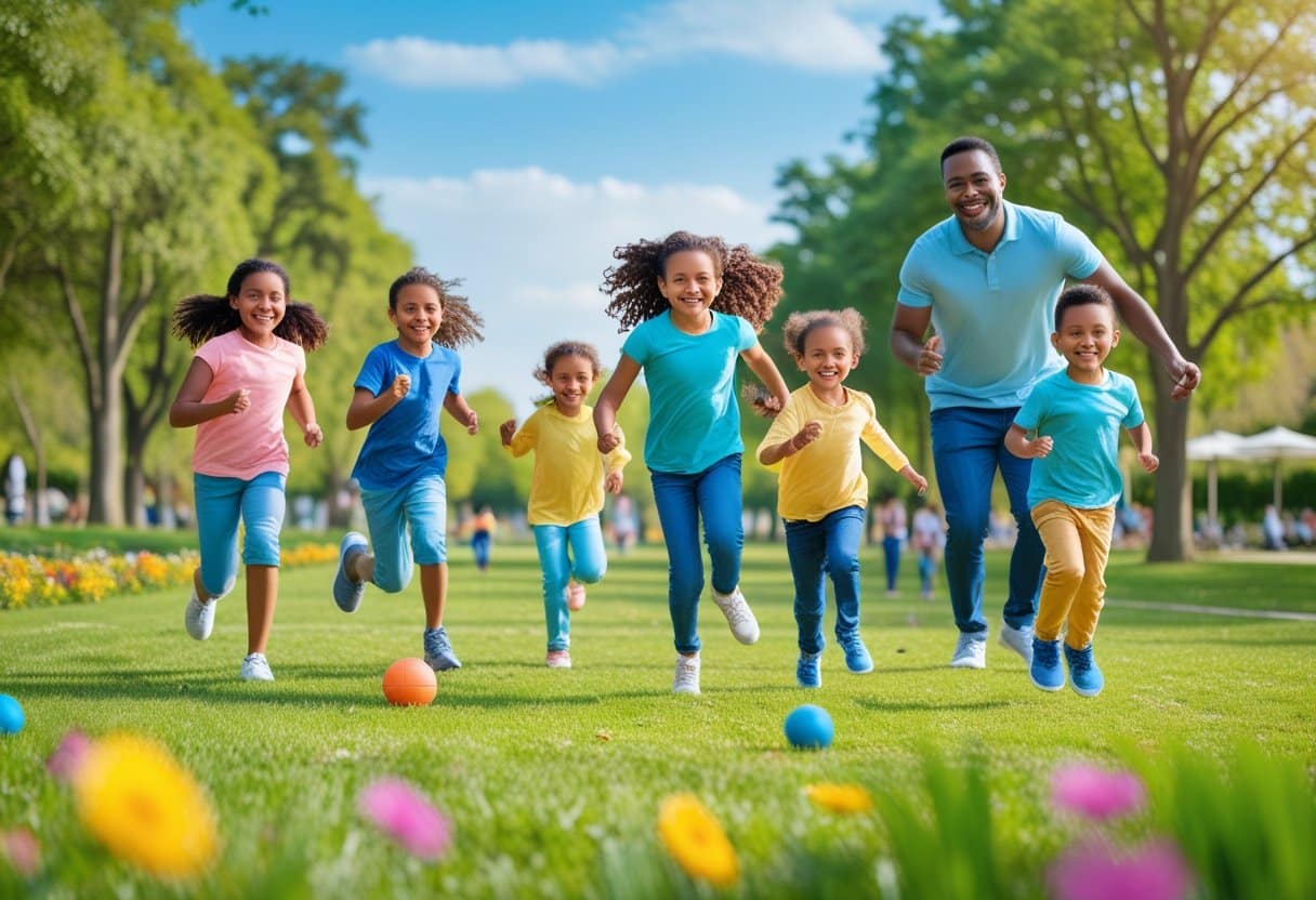 A family with young children playing actively together outdoors in a sunny park with green grass and trees.
