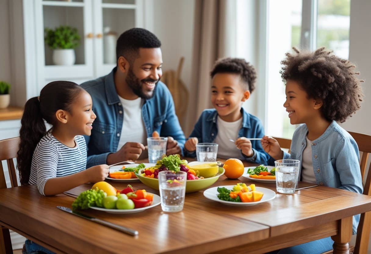 A family of four sitting together at a dining table, enjoying a healthy meal and talking with each other without any electronic devices around.
