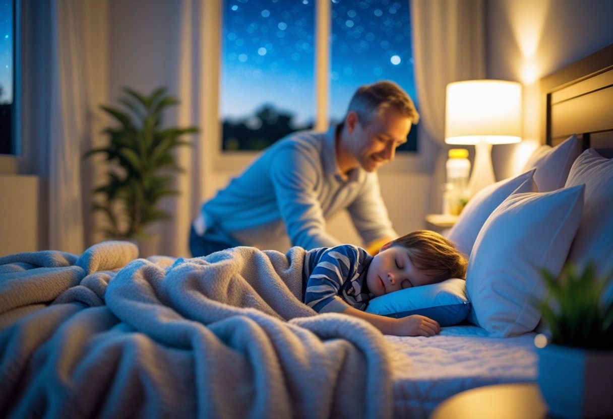 A child sleeping peacefully in bed while a parent gently tucks them in at night.