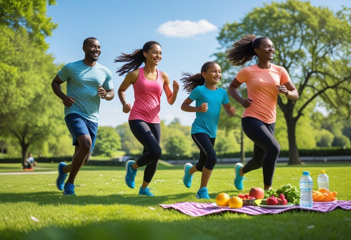 A family of four jogging together outdoors in a park with fresh fruits on a picnic blanket nearby.
